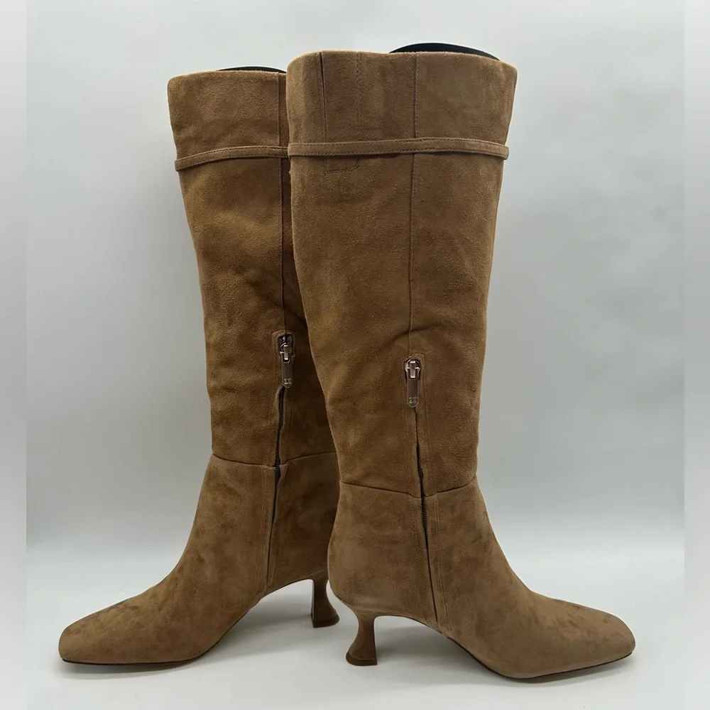 Sam Edelman Lyla Taupe Suede Knee High Boots Wide Calf Size 6.5 Kitten Heel NIB